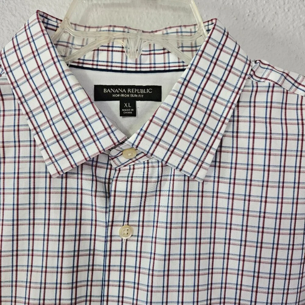 Banana Republic Mens Button Up Long Sleeve Casual Shirt White Gingham Check S XL